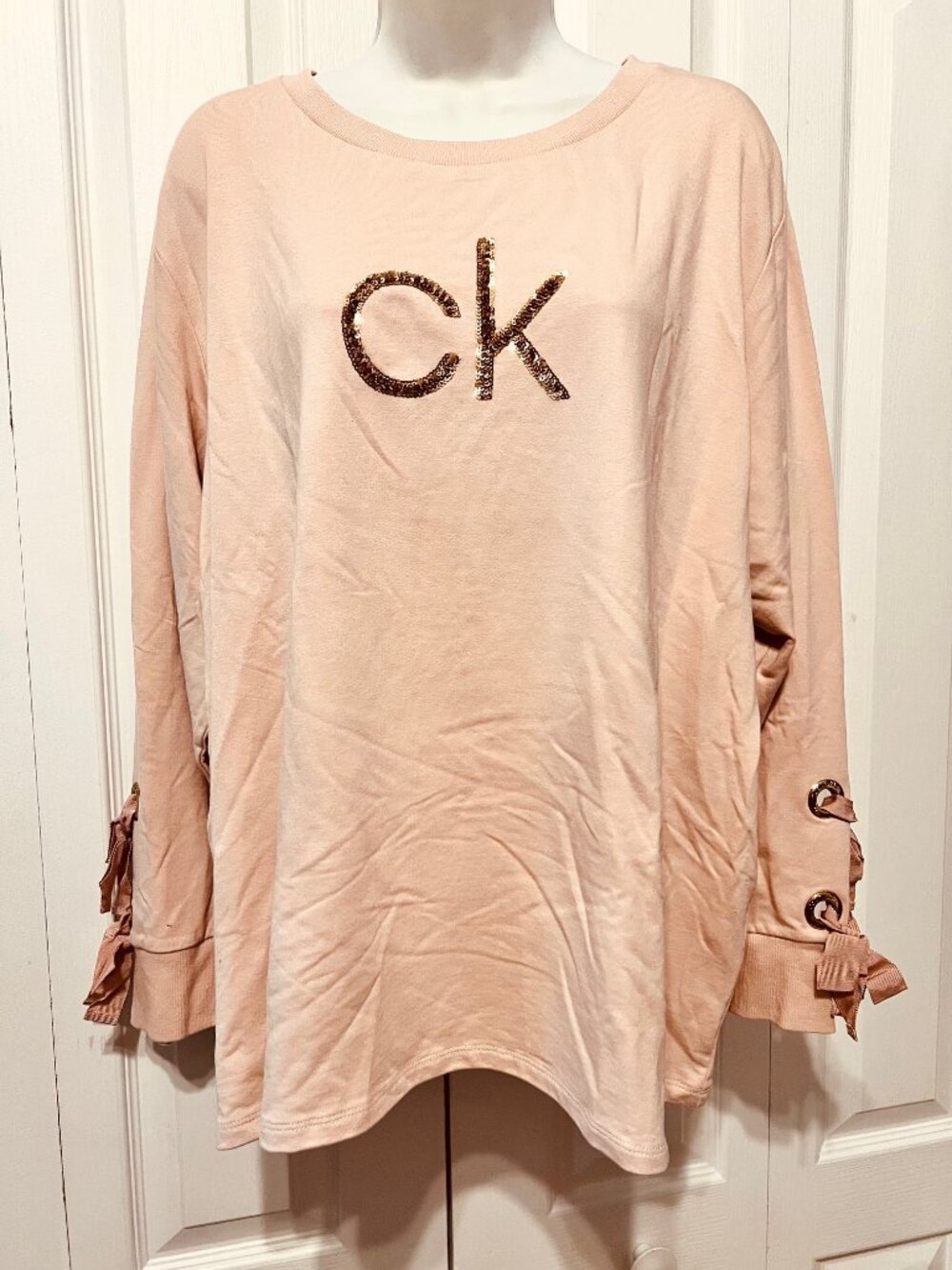 Calvin Klein Peach & Gold Shimmer Sequins Sweatshirt-Bow Tie Sleeves-Size 1 X